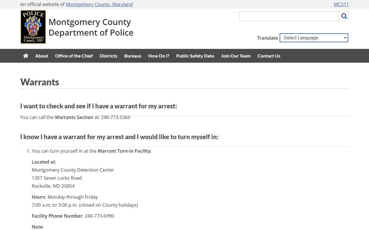 Montgomery County warrants page for Germantown bench warrants