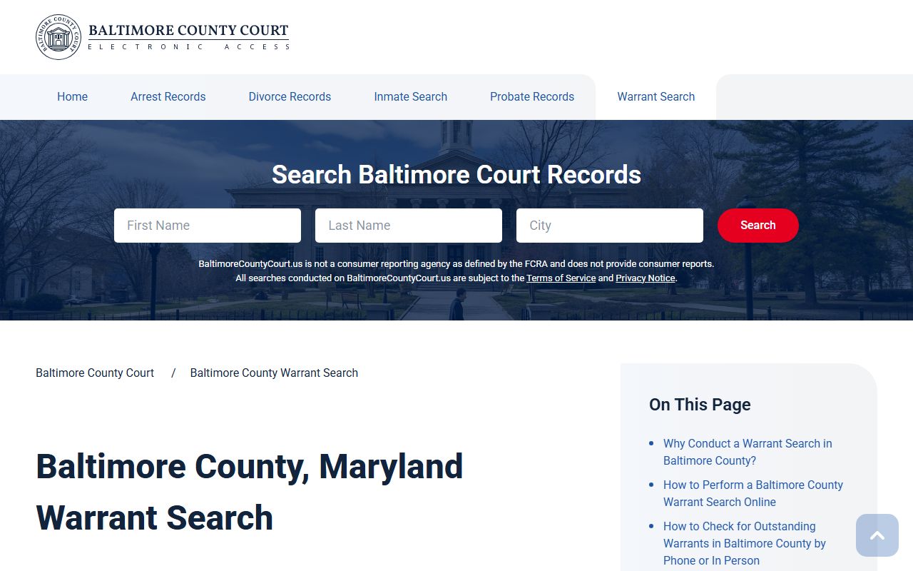 Baltimore County warrant search portal for Towson bench warrants
