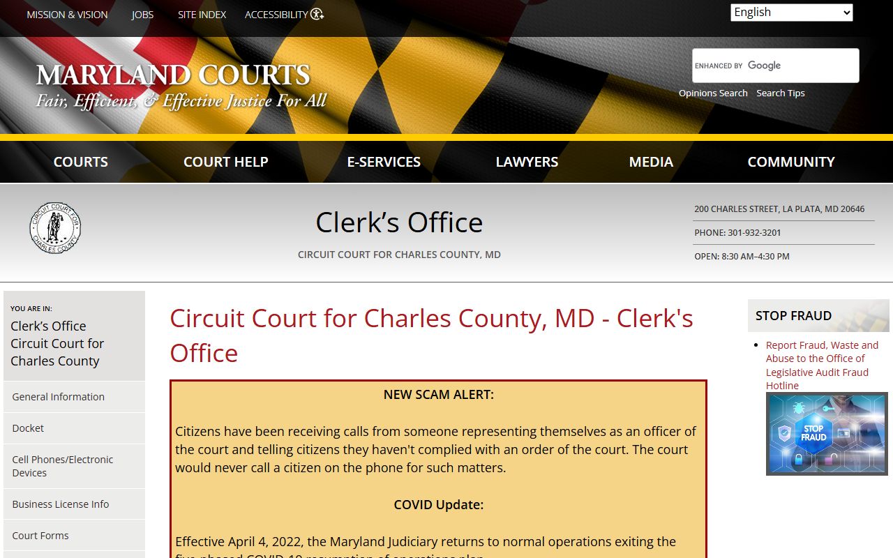 Charles County Circuit Court Clerk page for Waldorf bench warrants