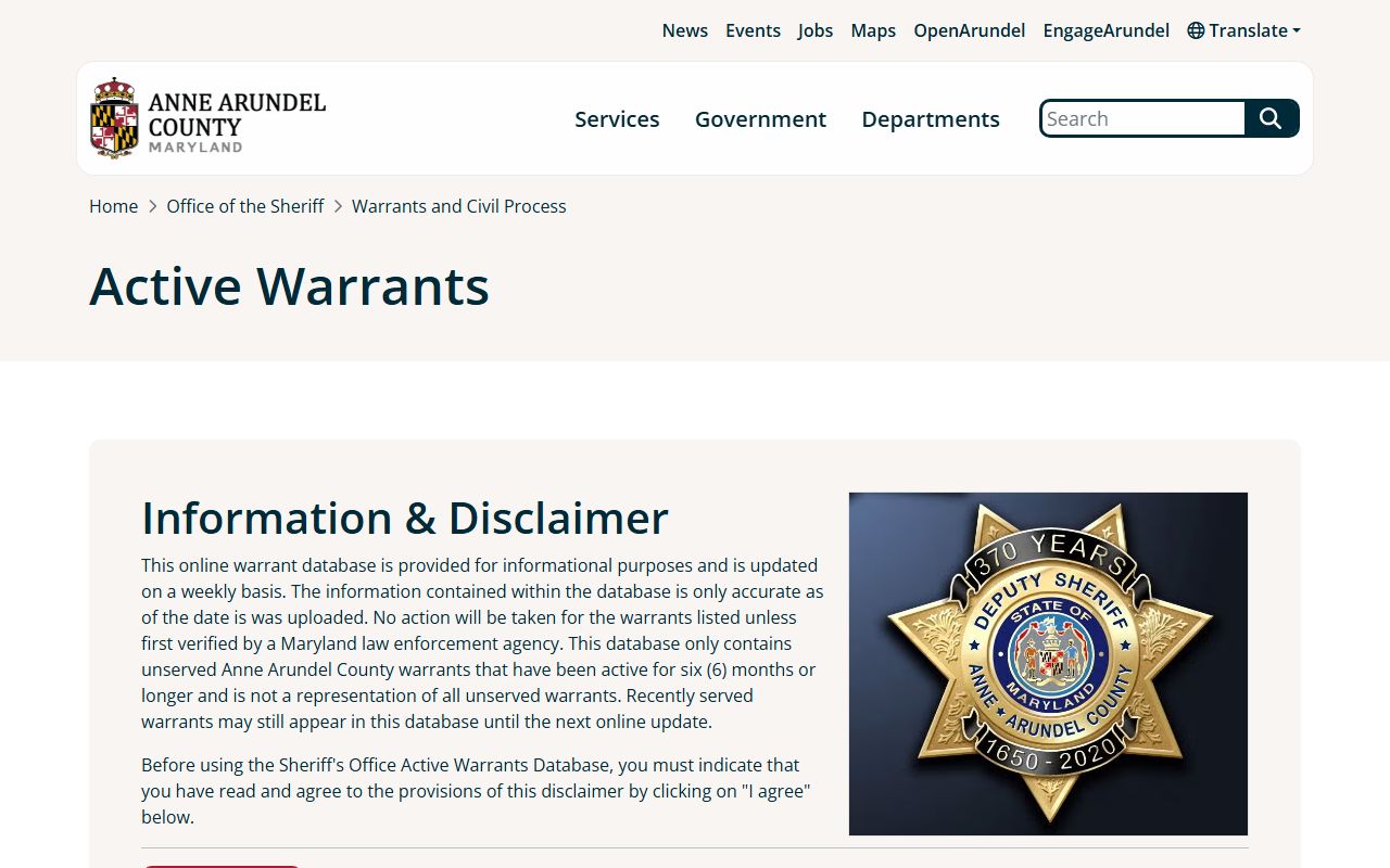 Anne Arundel County active warrants database for bench warrant searches