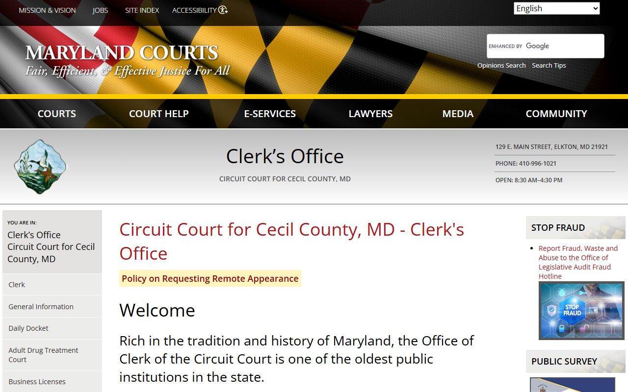 Cecil County Circuit Court Clerk for bench warrant case records