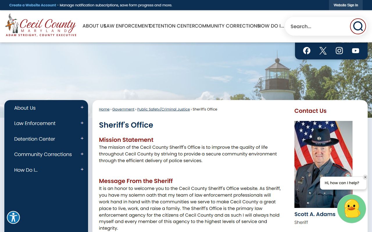 Cecil County Sheriff's Office website for bench warrant enforcement