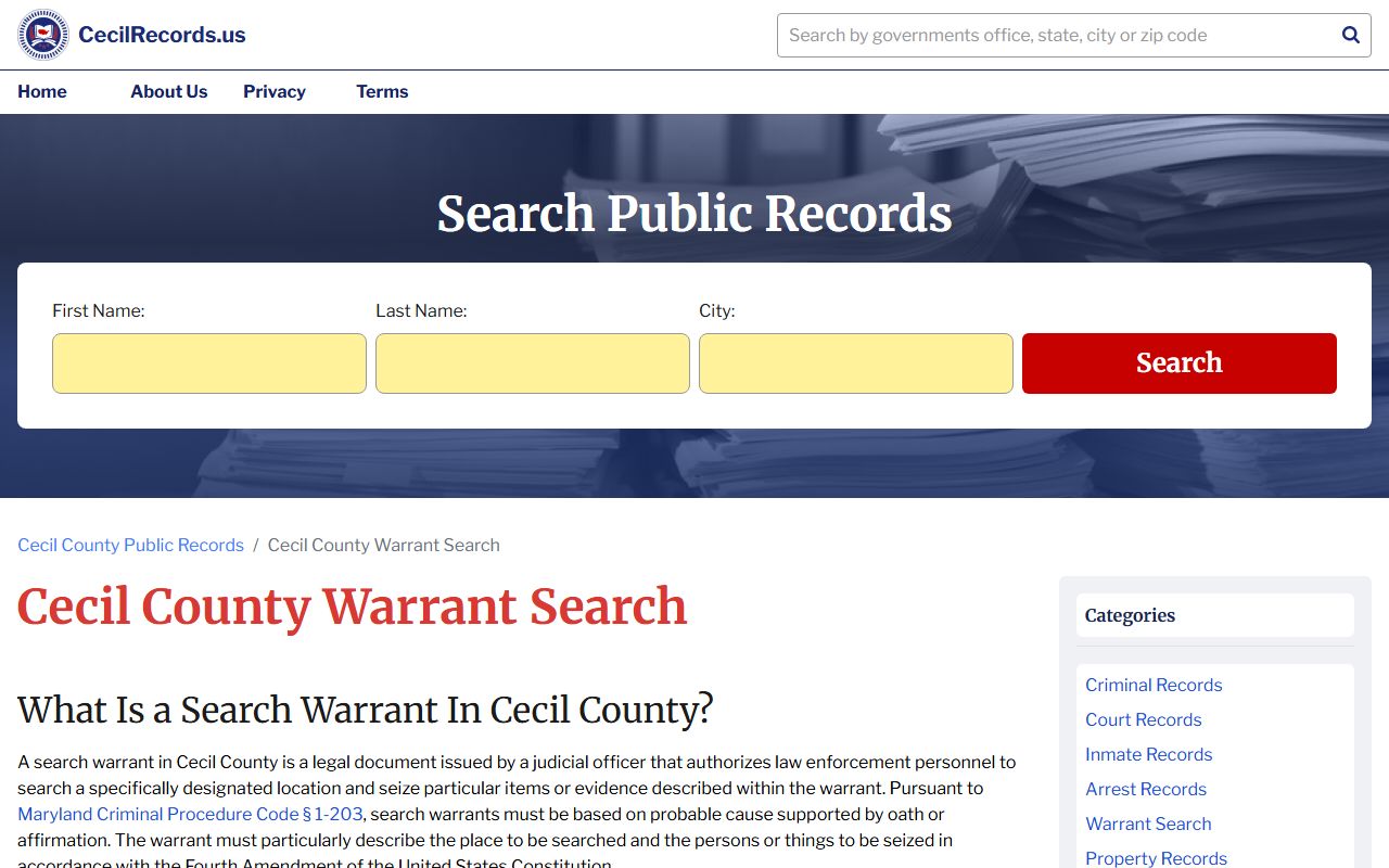 Cecil County warrant search portal for bench warrant lookups
