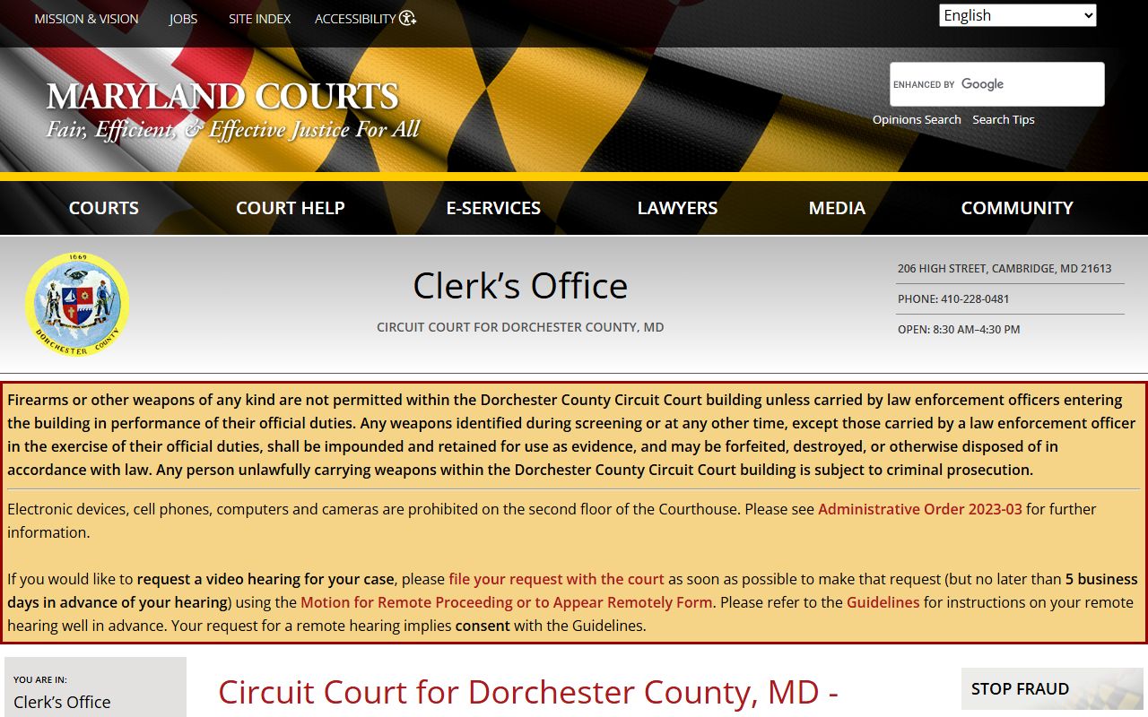Dorchester County Circuit Court Clerk page for bench warrants lookup