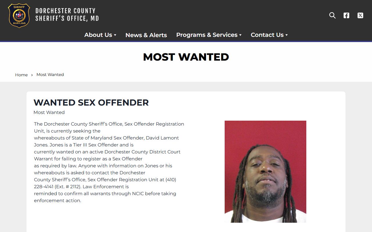 Dorchester County Sheriff most wanted page for bench warrants