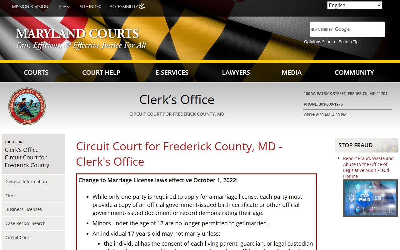 Frederick County Circuit Court Clerk page for bench warrants records