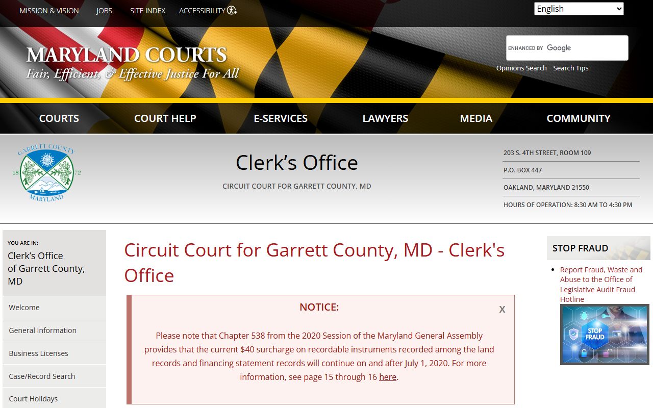 Garrett County Circuit Court Clerk page for bench warrants records