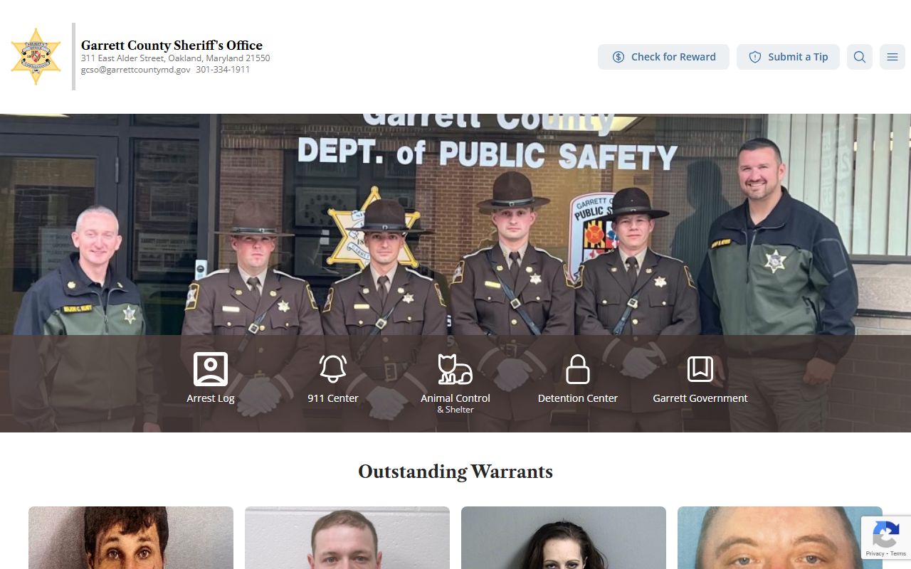 Garrett County Sheriff Office website with bench warrants information