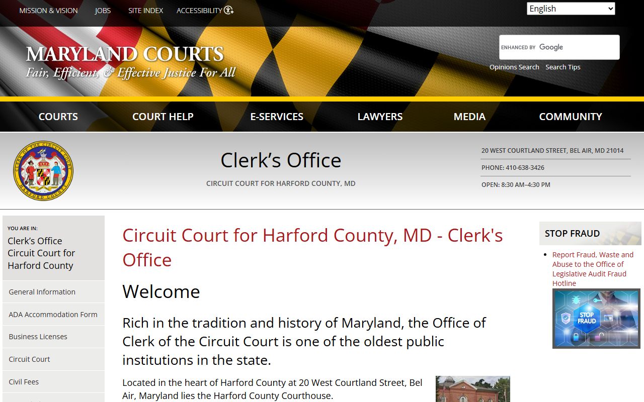 Harford County Circuit Court Clerk page for bench warrants records