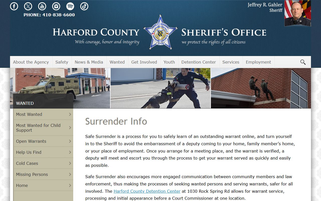 Harford County Safe Surrender Program page for bench warrants