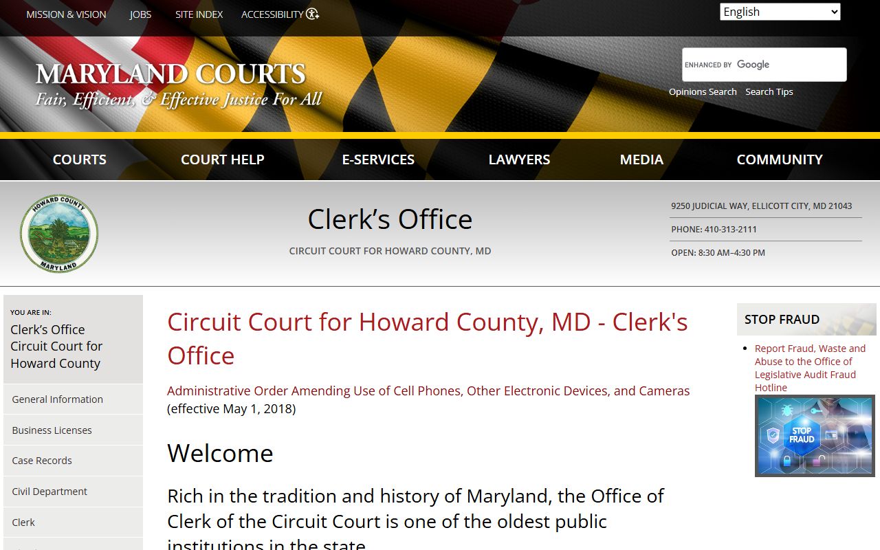 Howard County Circuit Court Clerk page for bench warrants records