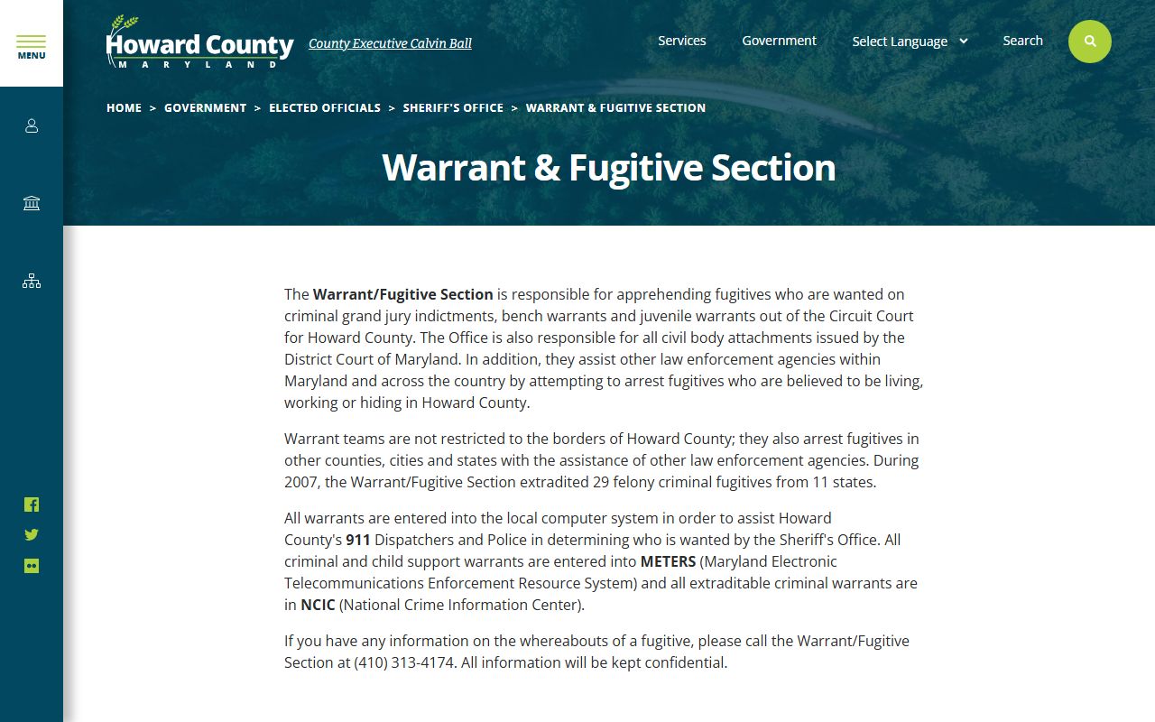 Howard County Warrant and Fugitive Section for bench warrants