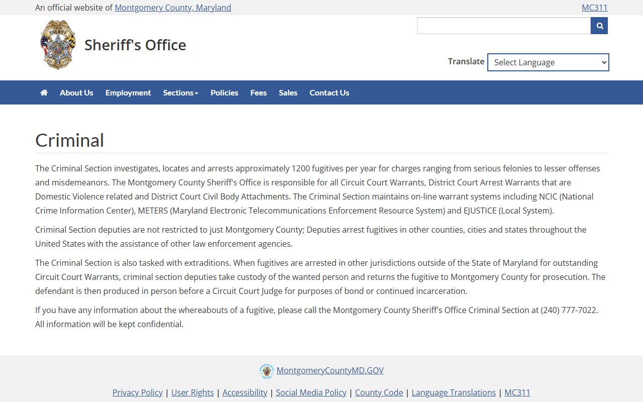 Montgomery County Sheriff Criminal Section for bench warrants