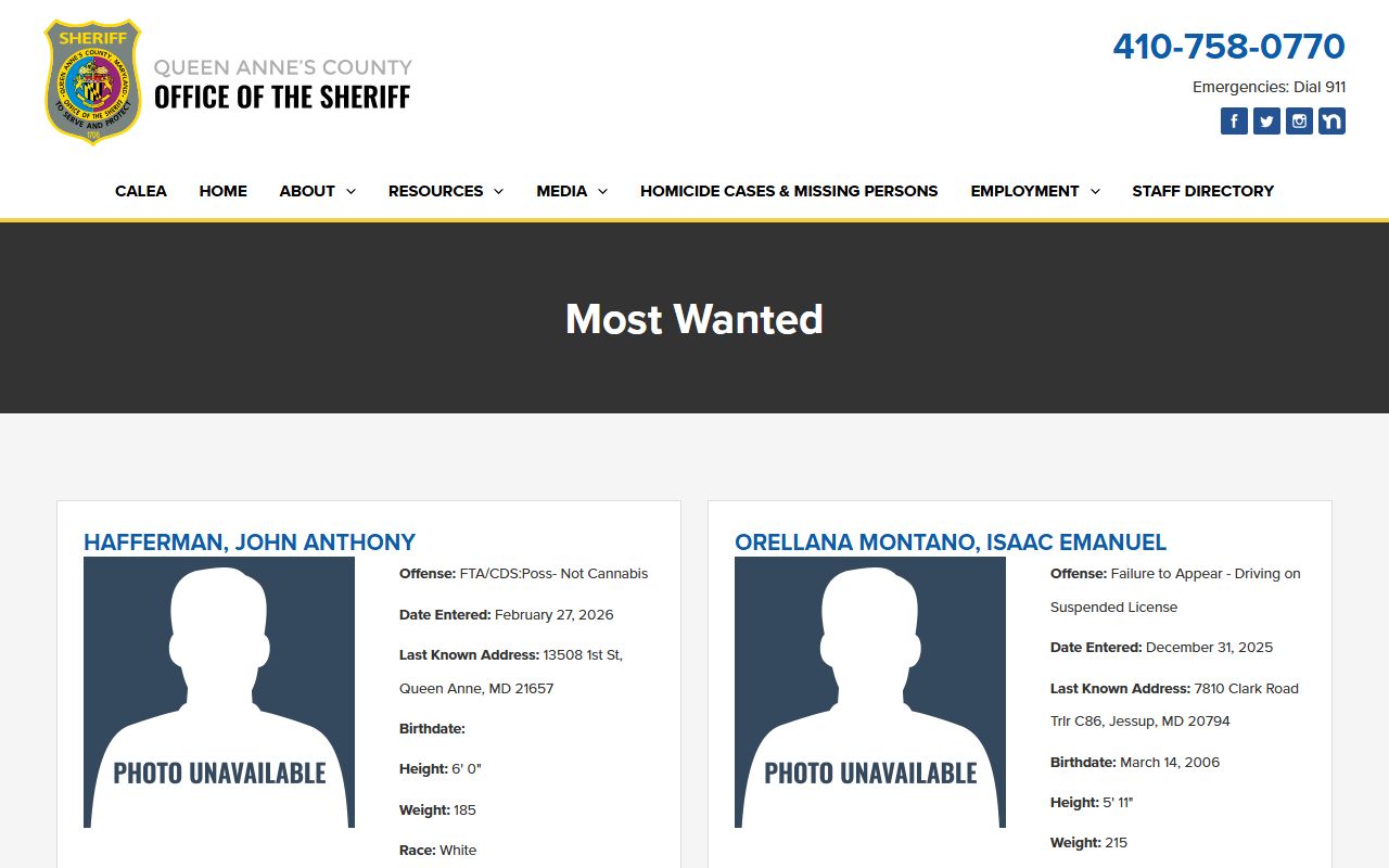 Queen Anne's County Sheriff Most Wanted list for Queen Anne's County bench warrants