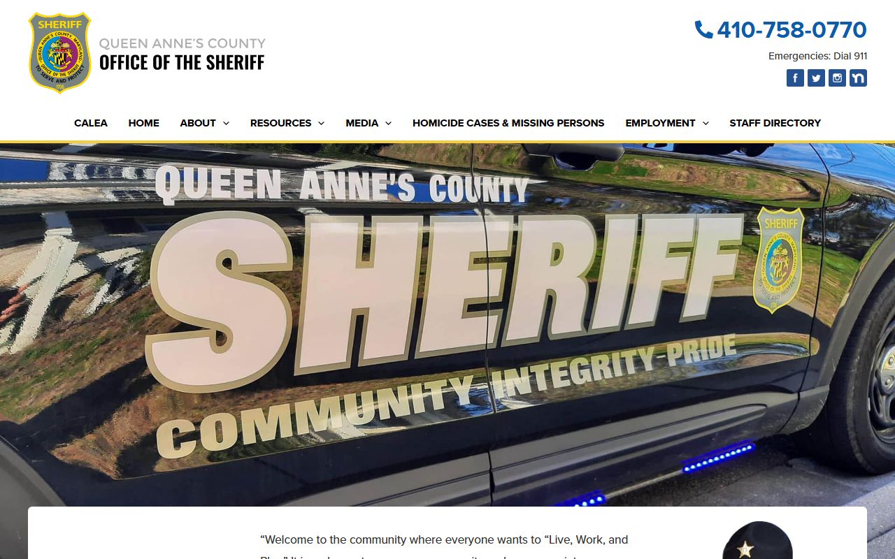 Queen Anne's County Sheriff website for Queen Anne's County bench warrants