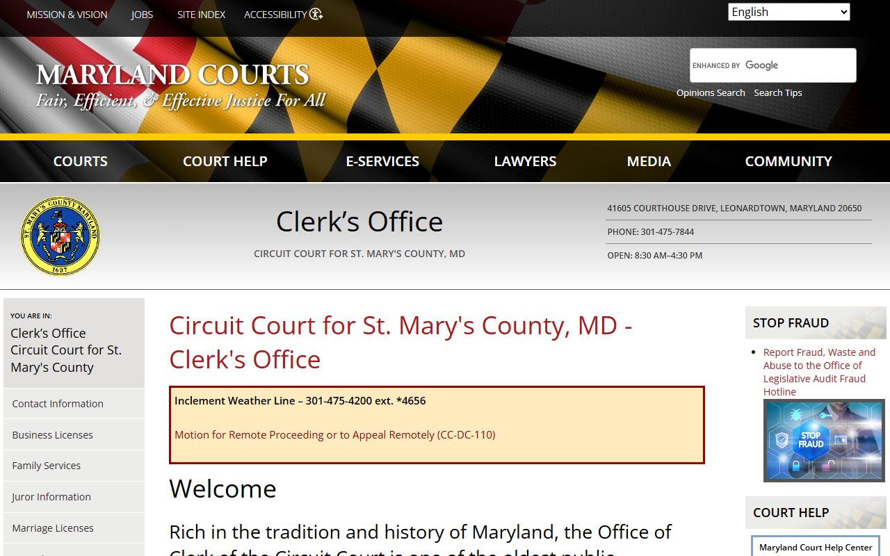 St. Mary's County Circuit Court Clerk for St. Mary's County bench warrants