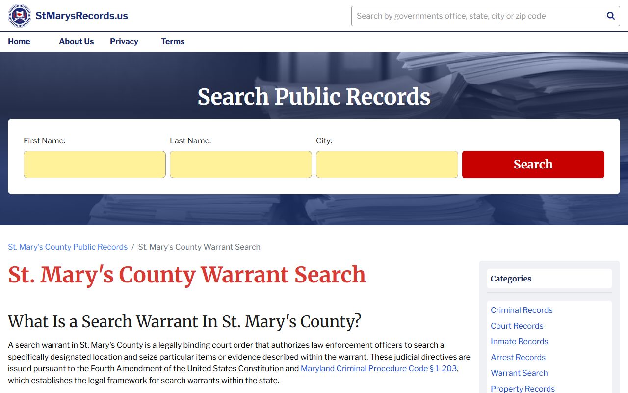 St. Mary's County warrant search page for St. Mary's County bench warrants