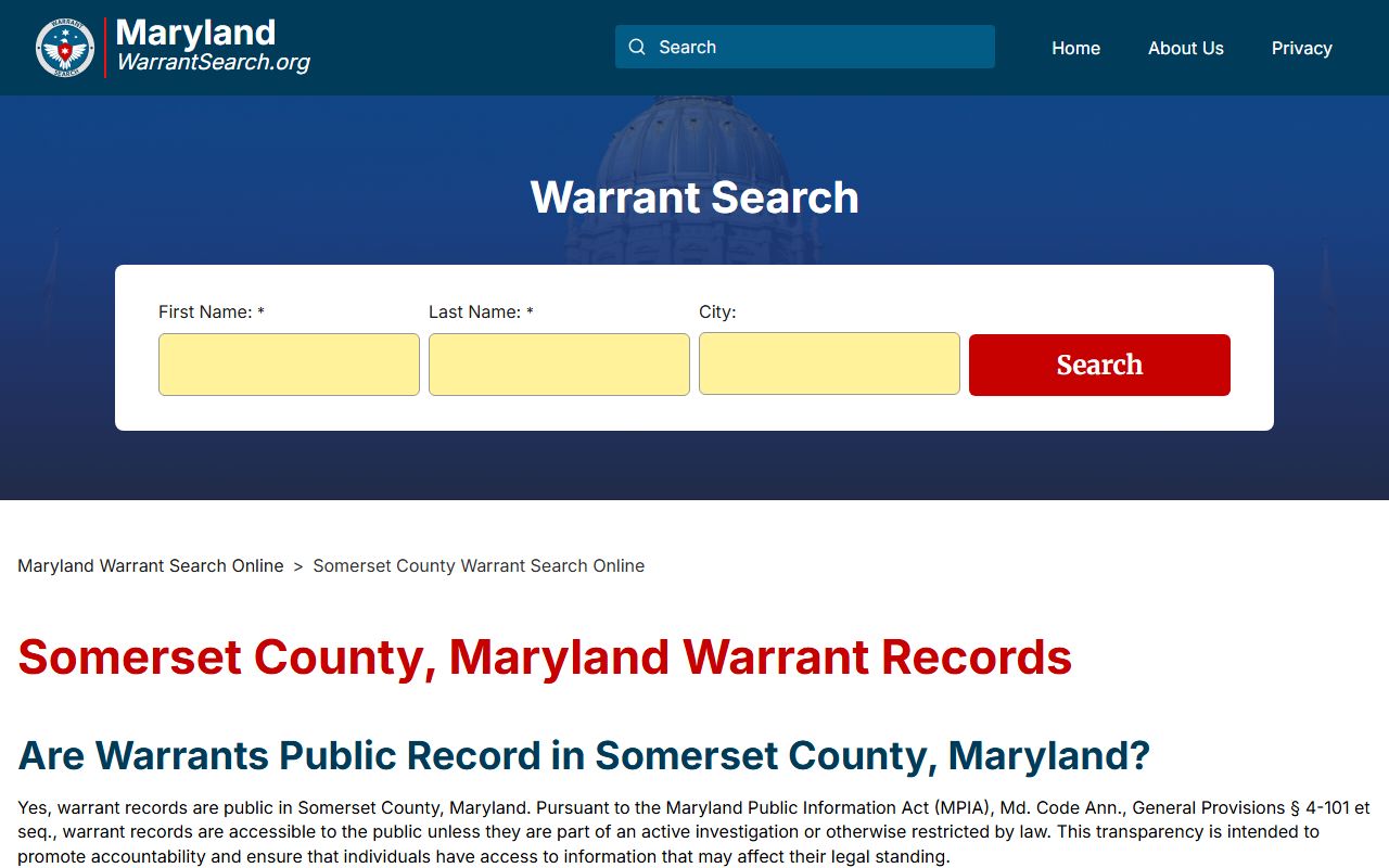 Somerset County warrant information page for Somerset County bench warrants