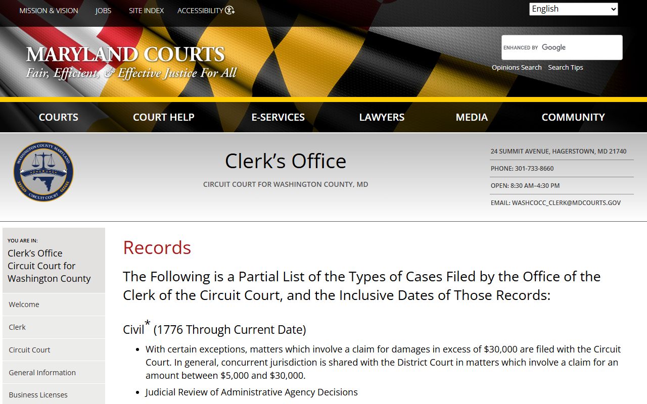 Washington County court records page for Washington County bench warrants