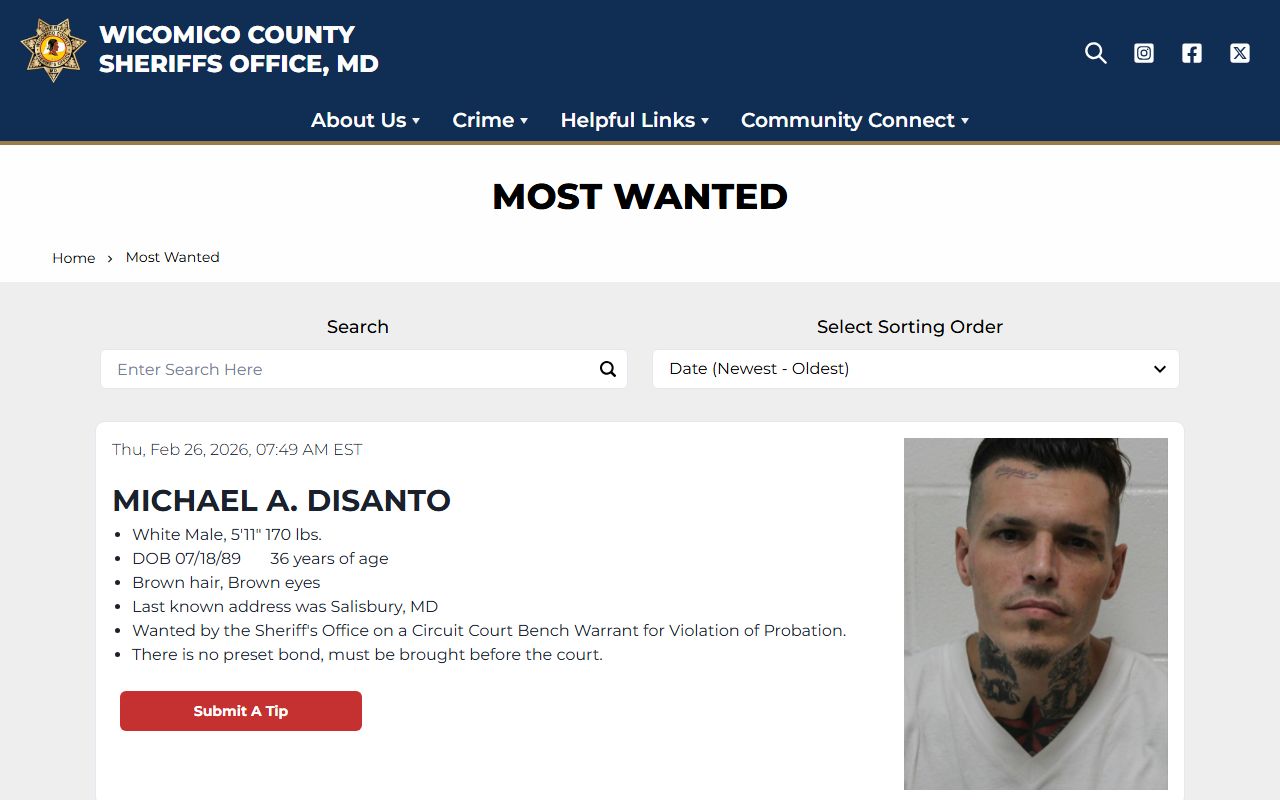 Wicomico County Sheriff Most Wanted list for Wicomico County bench warrants