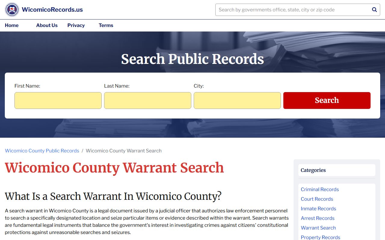 Wicomico County warrant search page for Wicomico County bench warrants
