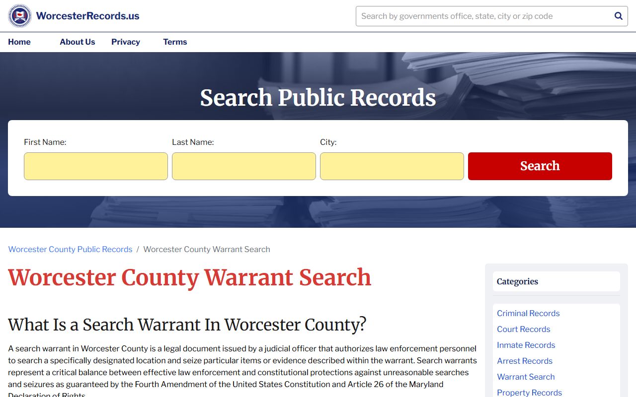 Worcester County warrant search page for Worcester County bench warrants