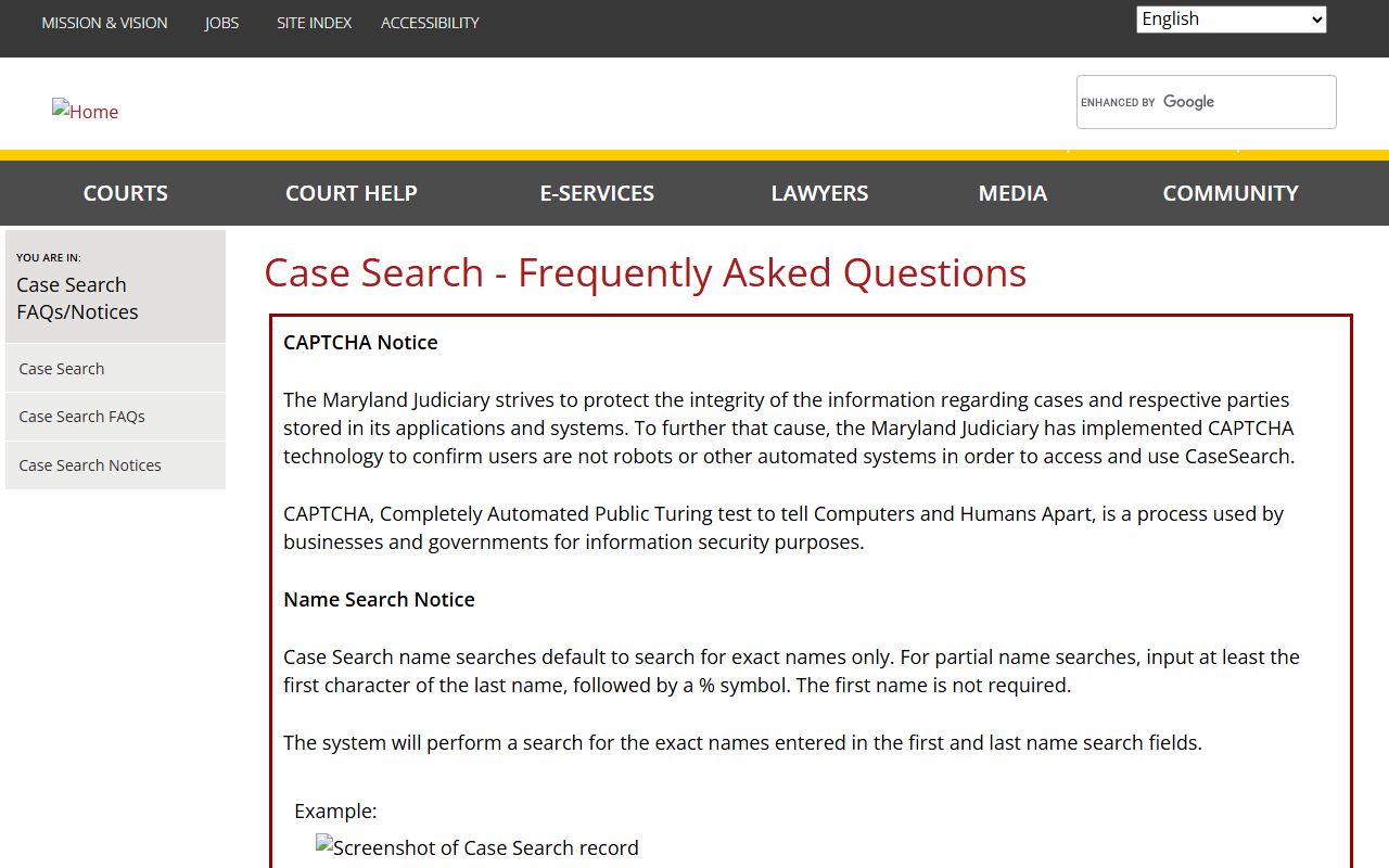 Maryland Case Search FAQ page explaining bench warrant procedures